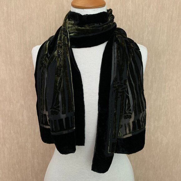 Accessories - Velvet Devore Scarf - Olive Green Burnout Bamboo Floral - Unbranded